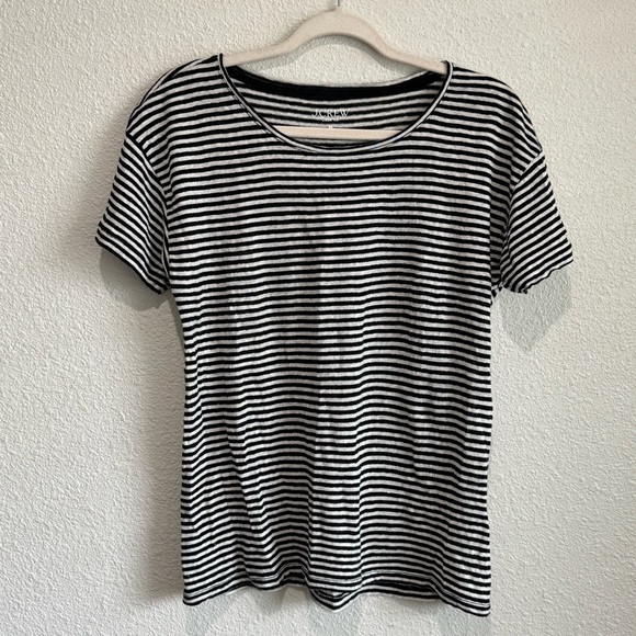 J.Crew Womens Medium Relaxed Linen T-shirt in Stripe Jade Stripe Black Natur - Picture 1 of 7